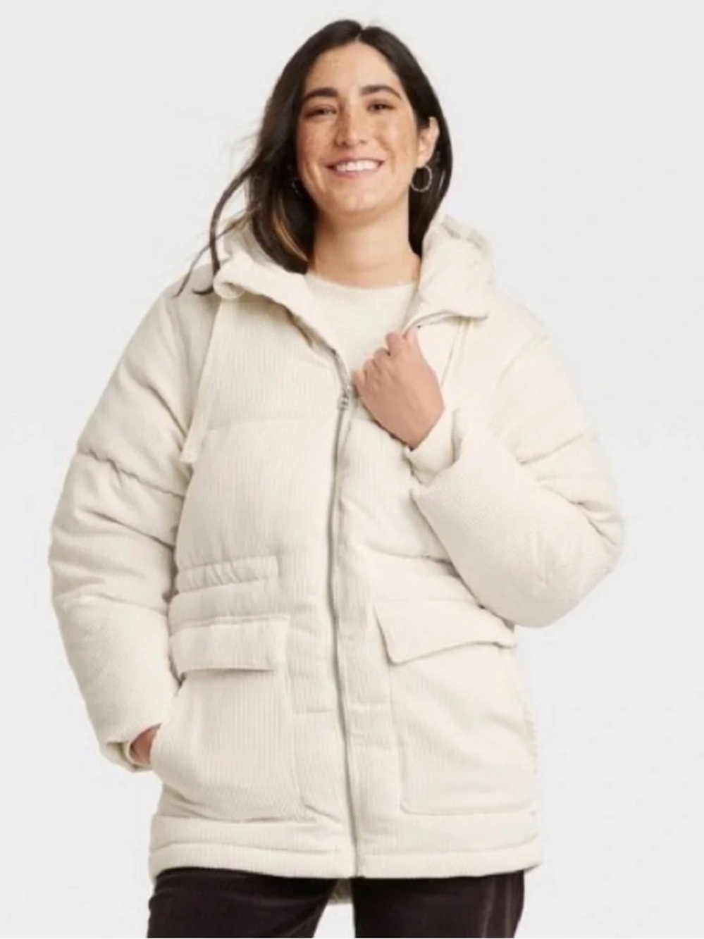 Universal Thread Cream Puffer Coat with Hood - Women's Winter Jacket